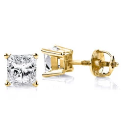 1 Carat Solitaire Princess Cut Diamond Stud Earrings 14K Yellow Gold