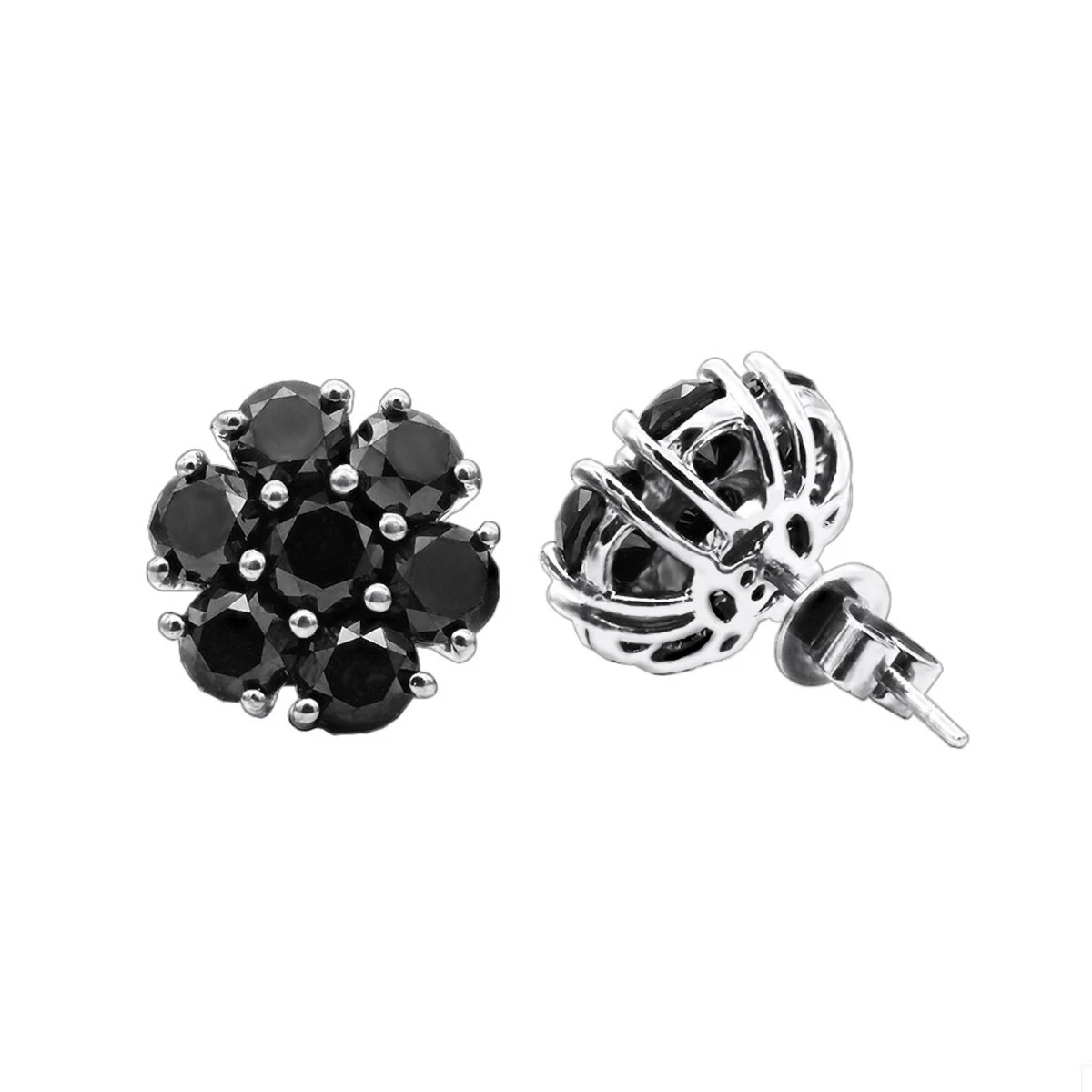 14K Black Plated Gold Cluster Black Diamond Stud Earrings 4.32ct 3 14K Black Plated Gold Cluster Black Diamond Stud Earrings 4.32ct - Image 3