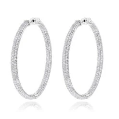 14K White Gold Dazzling 2 Inch Diamond Hoop Earrings Inside Out 7ct