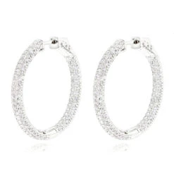 14K White Gold 1 3/8 Inch Diamond Hoop Earrings Inside Out 4.40ct