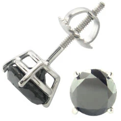 14K White Gold Black Diamond Earrings Prong Set Studs 1.75ct