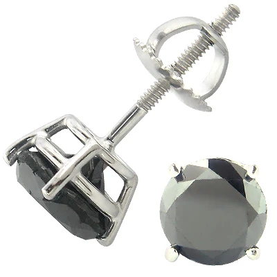 14K White Gold Black Diamond Earrings Prong Set Studs 1.75ct 1 14K White Gold Black Diamond Earrings Prong Set Studs 1.75ct