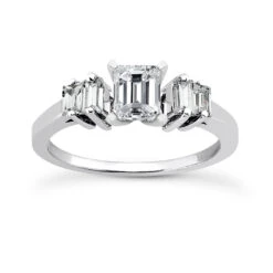 14K White Gold Designer Baguette And Round Diamond Engagement Ring 0.86ct