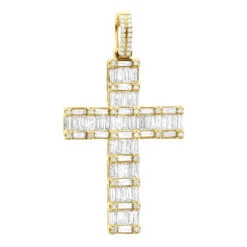 Luxurman 4 Carat Round & Baguette Diamond Cross Pendant For Men 14K Yellow Gold