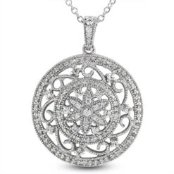 14K White Gold Floral Filigree Diamond Pendant 0.74ct