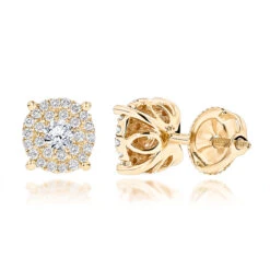 14K Yellow Gold Halo Round Stud Diamond Earrings 0.6ct Clusters