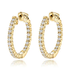 14K Yellow Gold Inside Out Diamond Hoop Earrings For Women 1.3ct 3/4in By Luxurman