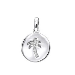14K White Gold Palm Tree Circle Diamond Pendant 0.1ct Small Charm