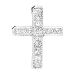14K White Gold Princess Cut Diamond Cross Necklace 0.7ct