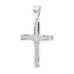 14K White Gold Round Diamond Cross Necklace 1.36ct