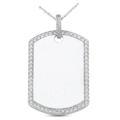 14K White Gold Round Diamond Dog Tag Pendant 1.55ct