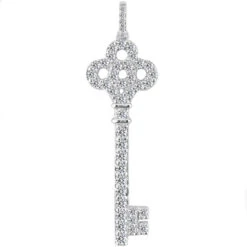 14K White Gold Round Diamond Key Pendant 0.91ct