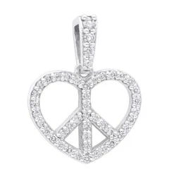 14K White Gold Round Diamond Peace Sign Heart Pendant 0.63ct