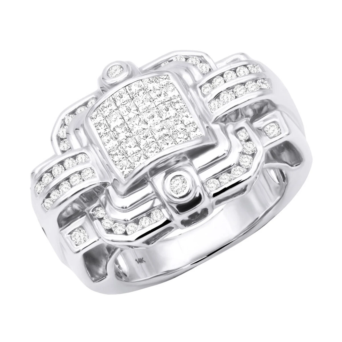 14K White Gold Men's Designer Diamond Ring Princess Round 2.16ct 1 14K White Gold Men's Designer Diamond Ring Princess Round 2.16ct