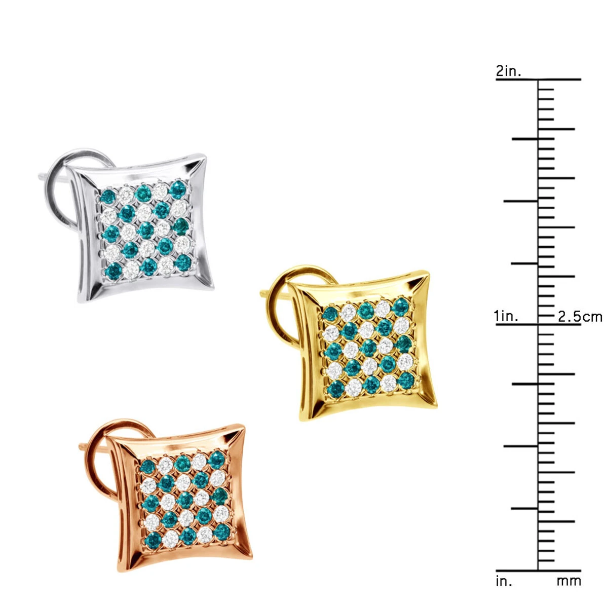 Unique 14K White Gold White Blue Diamond Earrings Square Studs 1.60ct 3 Unique 14K White Gold White Blue Diamond Earrings Square Studs 1.60ct - Image 3