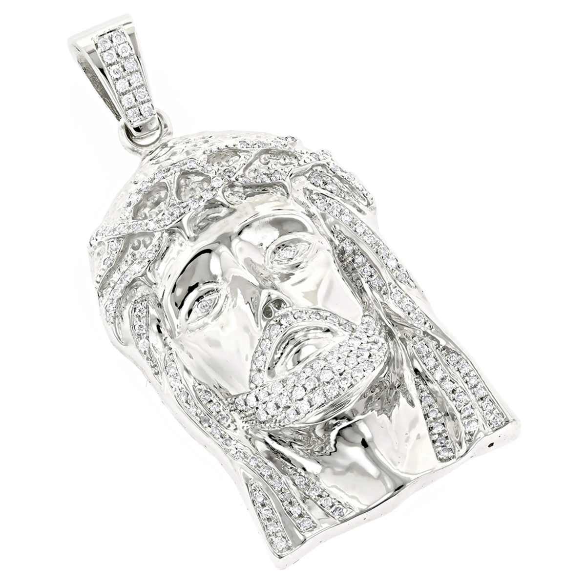 14K White Gold Round Diamond Jesus Head Pendant For Men 1.8ct 1 14K White Gold Round Diamond Jesus Head Pendant For Men 1.8ct