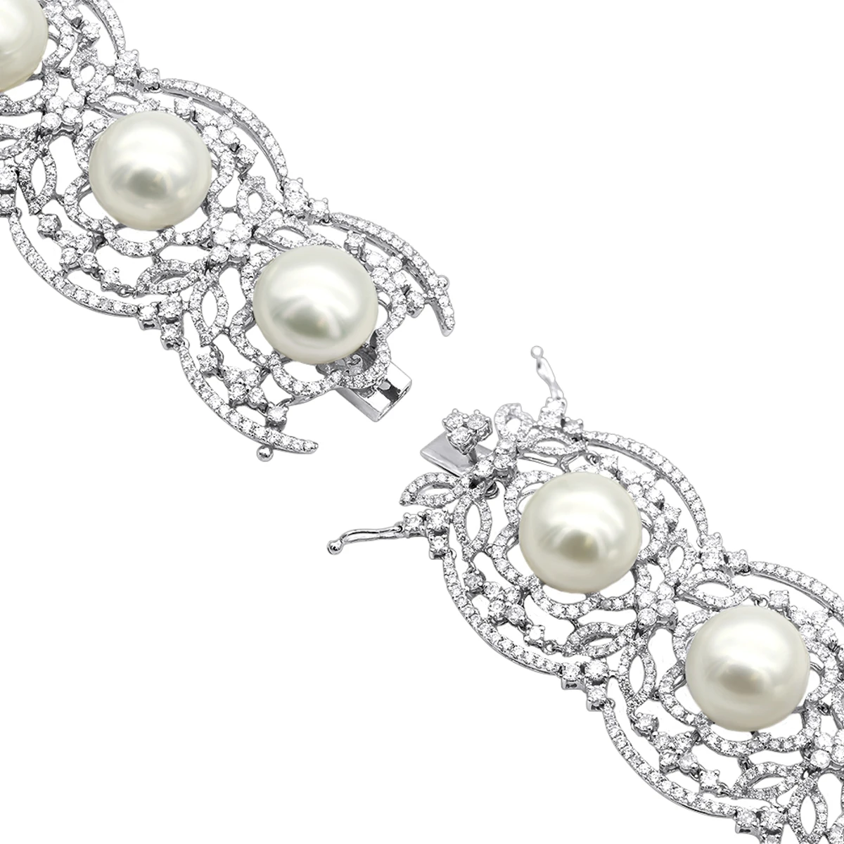 Art Deco White South Sea Pearl And Diamond Bracelet For Women 18K White Gold 4 Art Deco White South Sea Pearl And Diamond Bracelet For Women 18K White Gold - Image 4