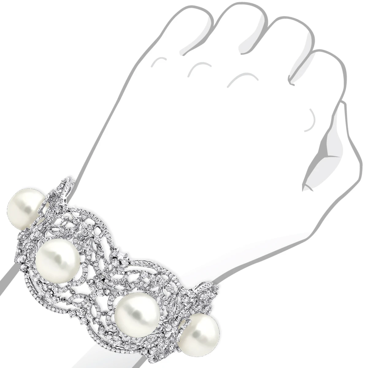 Art Deco White South Sea Pearl And Diamond Bracelet For Women 18K White Gold 5 Art Deco White South Sea Pearl And Diamond Bracelet For Women 18K White Gold - Image 5