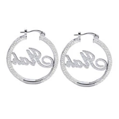 Custom Inside Out Diamond Hoop Earrings With Initials Nameplate 14K Yellow Gold -Urban Jewels Shop custom inside out diamond hoop earrings with initials nameplate 14k gold 100657 back white