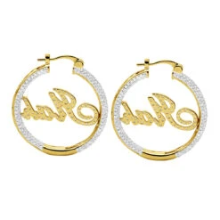 Custom Inside Out Diamond Hoop Earrings With Initials Nameplate 14K Yellow Gold -Urban Jewels Shop custom inside out diamond hoop earrings with initials nameplate 14k gold 100657 back yellow