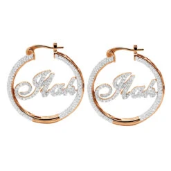 Custom Inside Out Diamond Hoop Earrings With Initials Nameplate 14K Yellow Gold -Urban Jewels Shop custom inside out diamond hoop earrings with initials nameplate 14k gold 100657 rose