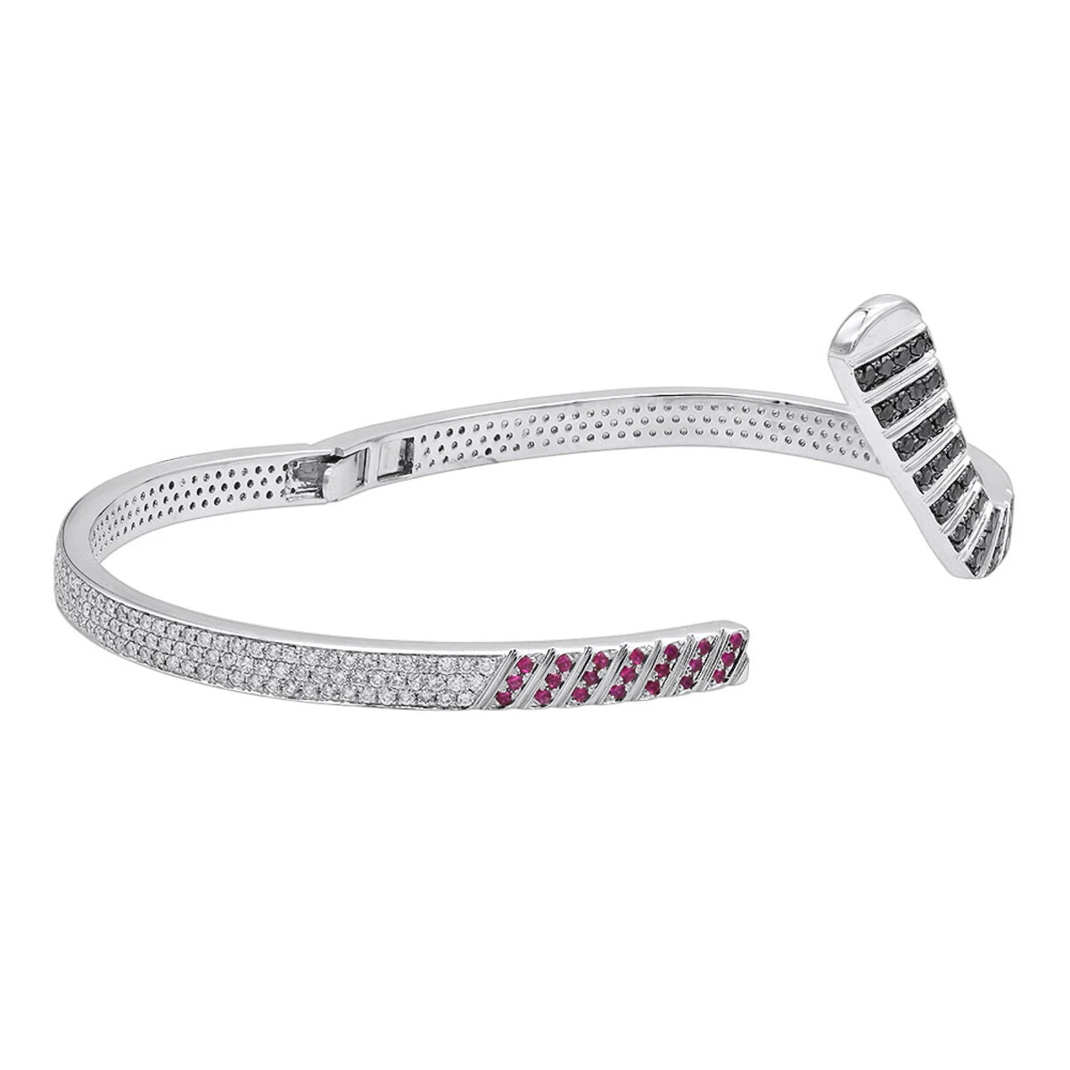 Custom Made 14K White Gold Hockey Stick Rubies White Black Diamond Bangle Bracelet 4 Custom Made 14K White Gold Hockey Stick Rubies White Black Diamond Bangle Bracelet - Image 4