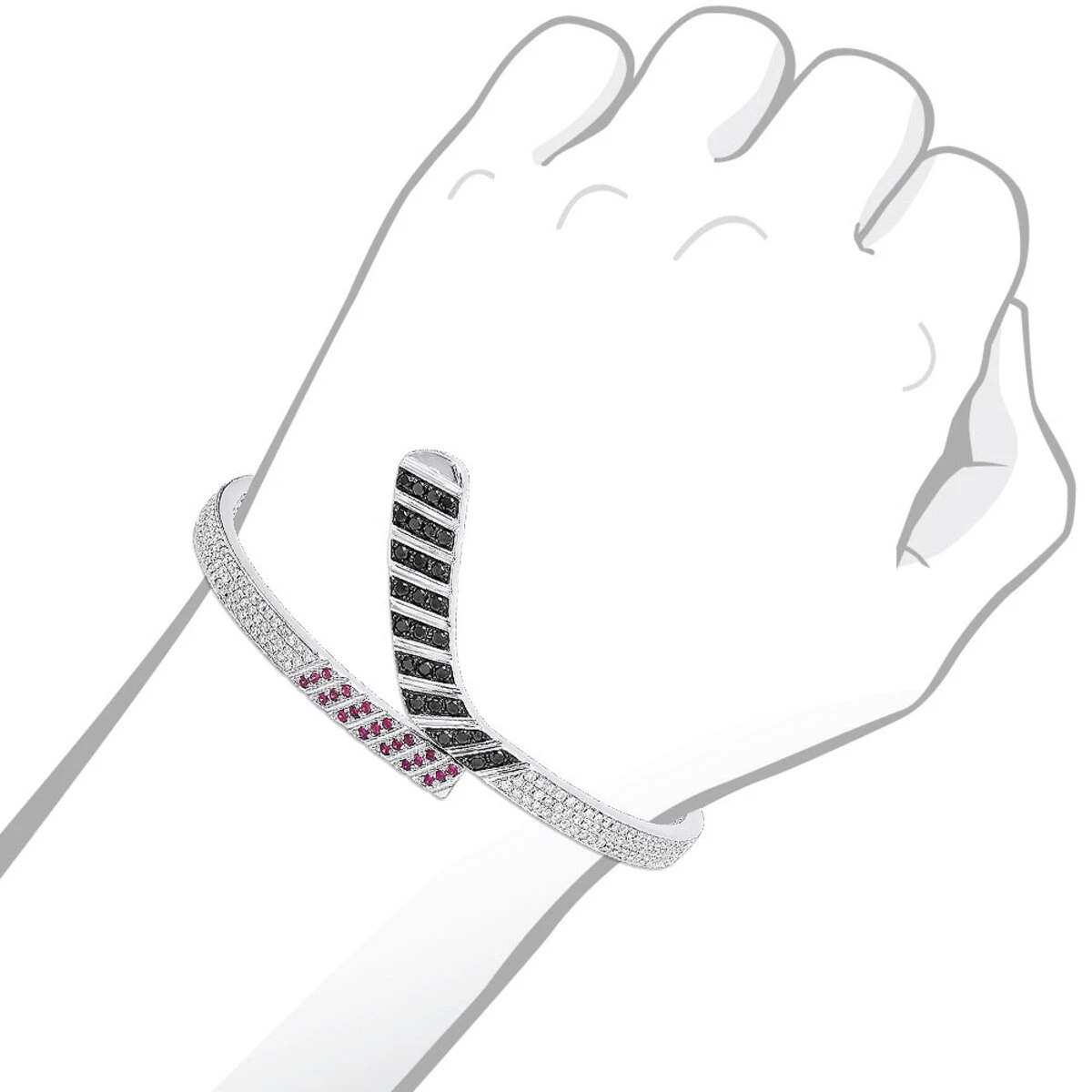 Custom Made 14K White Gold Hockey Stick Rubies White Black Diamond Bangle Bracelet 5 Custom Made 14K White Gold Hockey Stick Rubies White Black Diamond Bangle Bracelet - Image 5