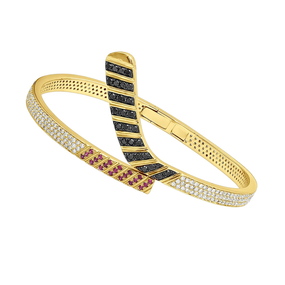 Custom Made 14K White Gold Hockey Stick Rubies White Black Diamond Bangle Bracelet 2 Custom Made 14K White Gold Hockey Stick Rubies White Black Diamond Bangle Bracelet - Image 2