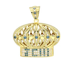 White & Blue Diamond Crown Pendant For Men 14K Yellow Gold