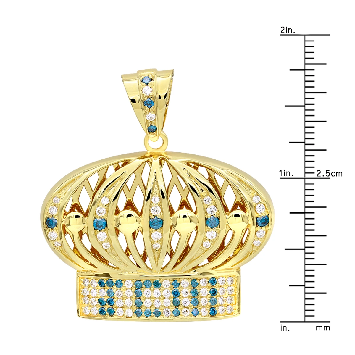 White & Blue Diamond Crown Pendant For Men 14K Yellow Gold 6 White & Blue Diamond Crown Pendant For Men 14K Yellow Gold - Image 6