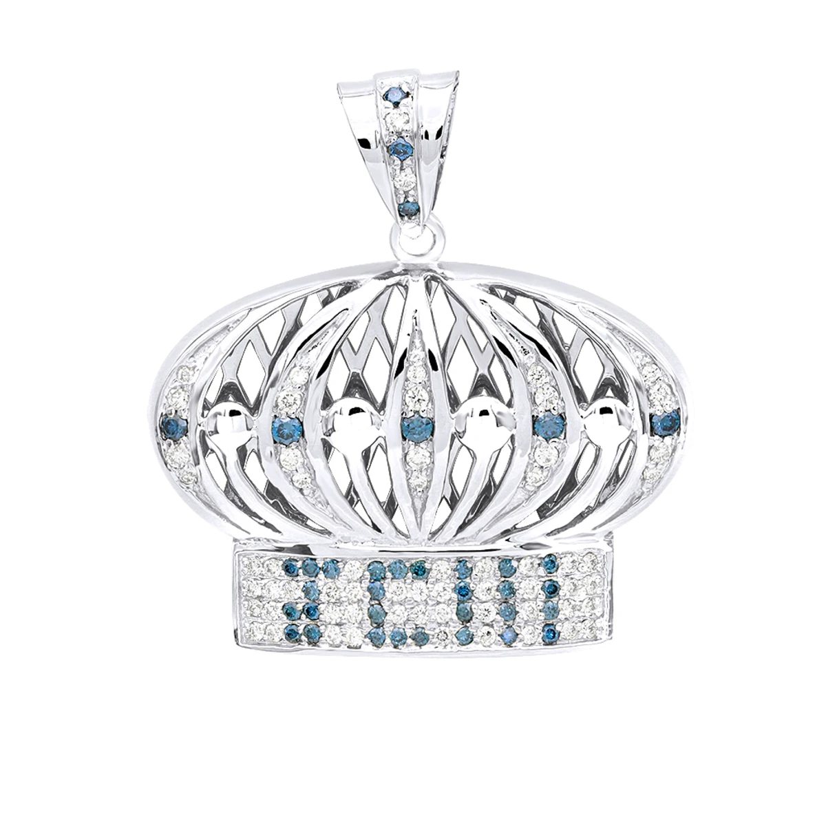 White & Blue Diamond Crown Pendant For Men 14K Yellow Gold 2 White & Blue Diamond Crown Pendant For Men 14K Yellow Gold - Image 2
