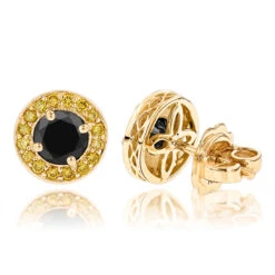 Designer 14K Yellow Gold Yellow Black Diamond Stud Earrings 1.92ct