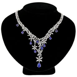 Designer Diamond Tanzanite Chandelier Necklace 18K Gold -Urban Jewels Shop designer jewelry collection diamond tanzanite chandelier necklace 18k gold bod