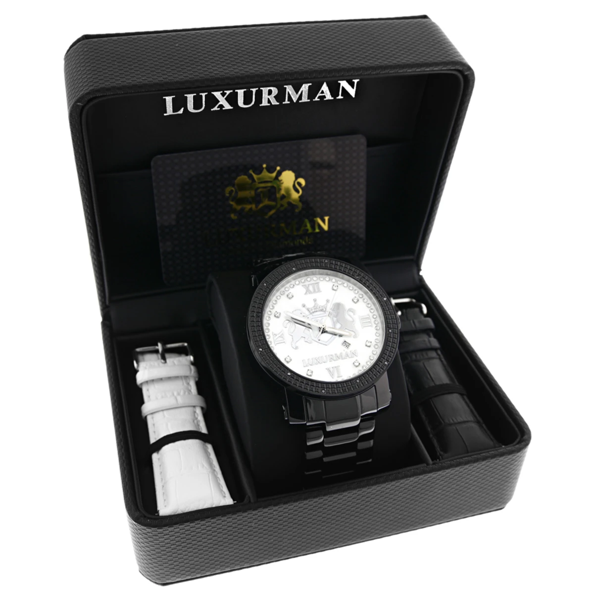 Designer Large Luxurman Phantom 0.12ct Black Diamond Watch For Men White Dial 4 Designer Large Luxurman Phantom 0.12ct Black Diamond Watch For Men White Dial - Image 4