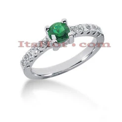 Thin Diamond And Emerald Engagement Ring 14K White Gold 0.20ctd 0.50cte