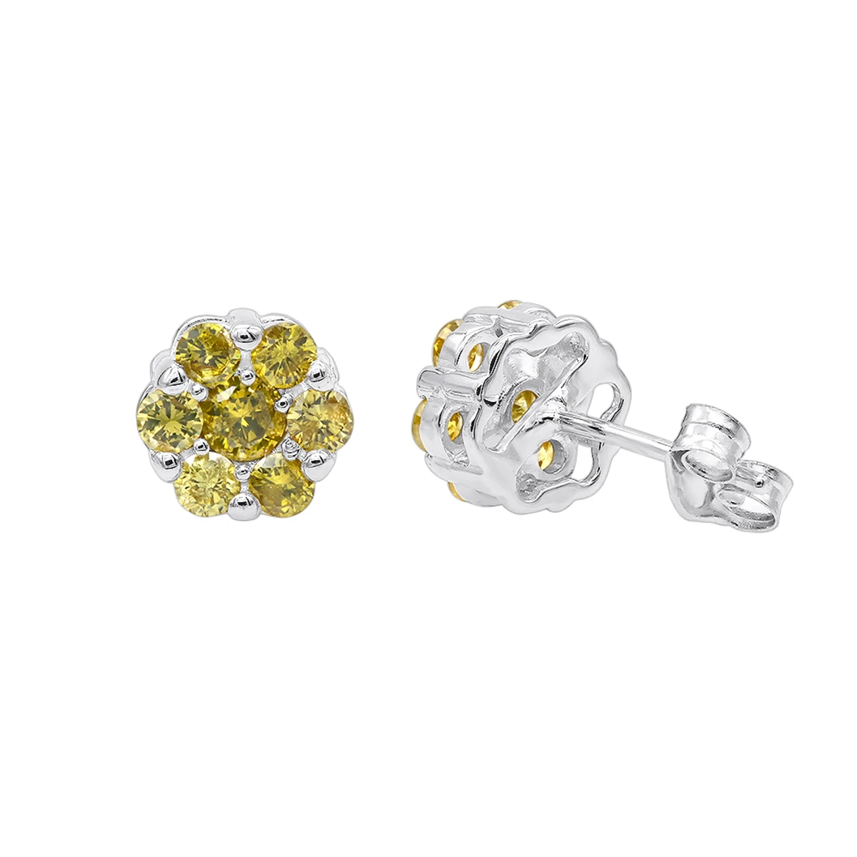 Diamond Clusters 14K Yellow Gold Yellow Diamond Stud Earrings 1ct 2 Diamond Clusters 14K Yellow Gold Yellow Diamond Stud Earrings 1ct - Image 2