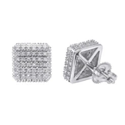 Pave Diamond Stud Earrings Under 300 - 10K White Gold Square Studs 0.33ct