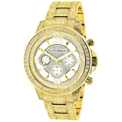 Fully Iced Out Men's Diamond Watch 3ct Yellow Gold Plt Luxurman Swiss Movmnt
