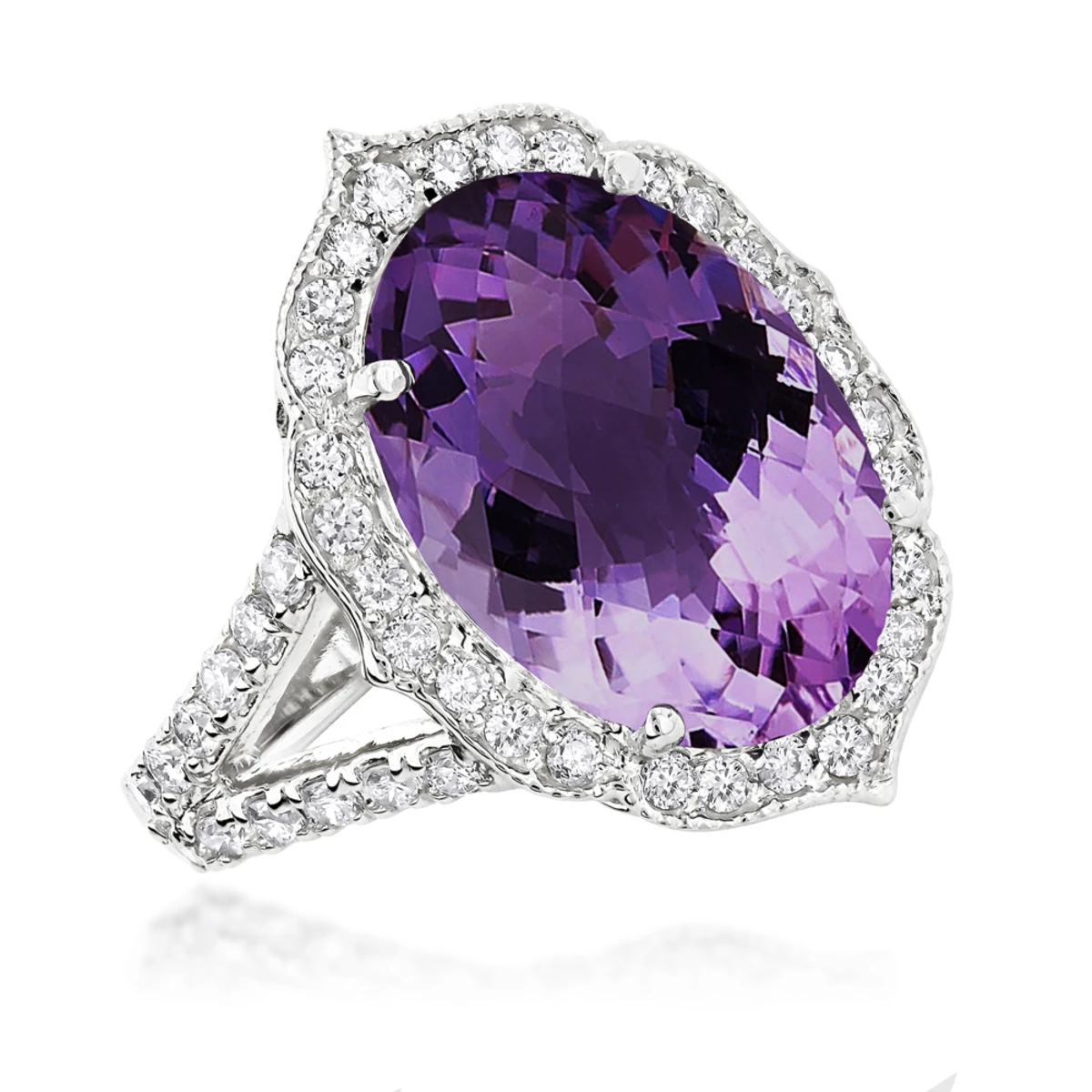 14K White Gold Diamond Purple Amethyst Cocktail Ring 0.9 Ct 1 14K White Gold Diamond Purple Amethyst Cocktail Ring 0.9 Ct