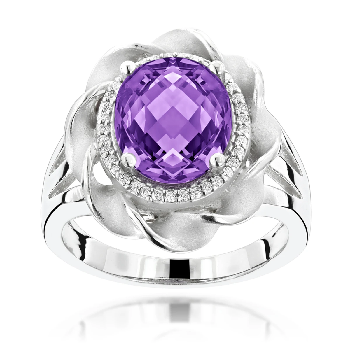 14K White Gold Amethyst Diamond Flower Ring 0.13ct 1 14K White Gold Amethyst Diamond Flower Ring 0.13ct
