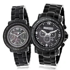 His And Hers Oversized Black Diamond Watch Set By Luxurman 5.15ct