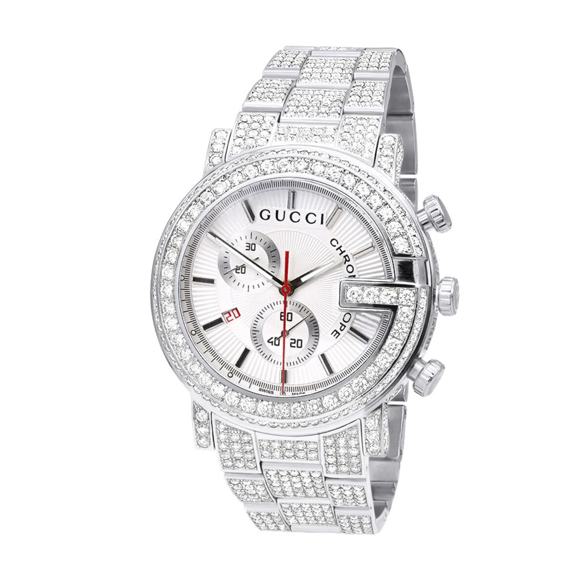 Iced Out Men's Diamond Gucci G-Chrono Watch White Chronograph Dial 15ct YA101339 1 Iced Out Men's Diamond Gucci G-Chrono Watch White Chronograph Dial 15ct YA101339