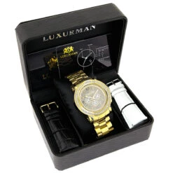 Iced Out Luxurman Large Diamond Bezel Watch For Men Yellow Gold Plated 2.5ct -Urban Jewels Shop iced out luxurman large diamond bezel watch for men yellow gold plated 25c box