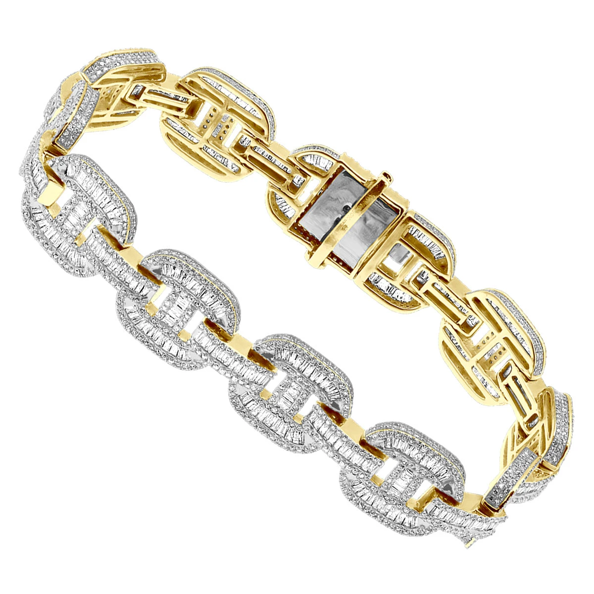Iced Out Men's Diamond Bracelet 10K Yellow Gold 10 Carats Round Baguette Diamonds 1 Iced Out Men's Diamond Bracelet 10K Yellow Gold 10 Carats Round Baguette Diamonds