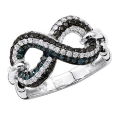 Unique Ladies White Blue Black Diamonds Infinity Sign Cocktail 14K White Gold