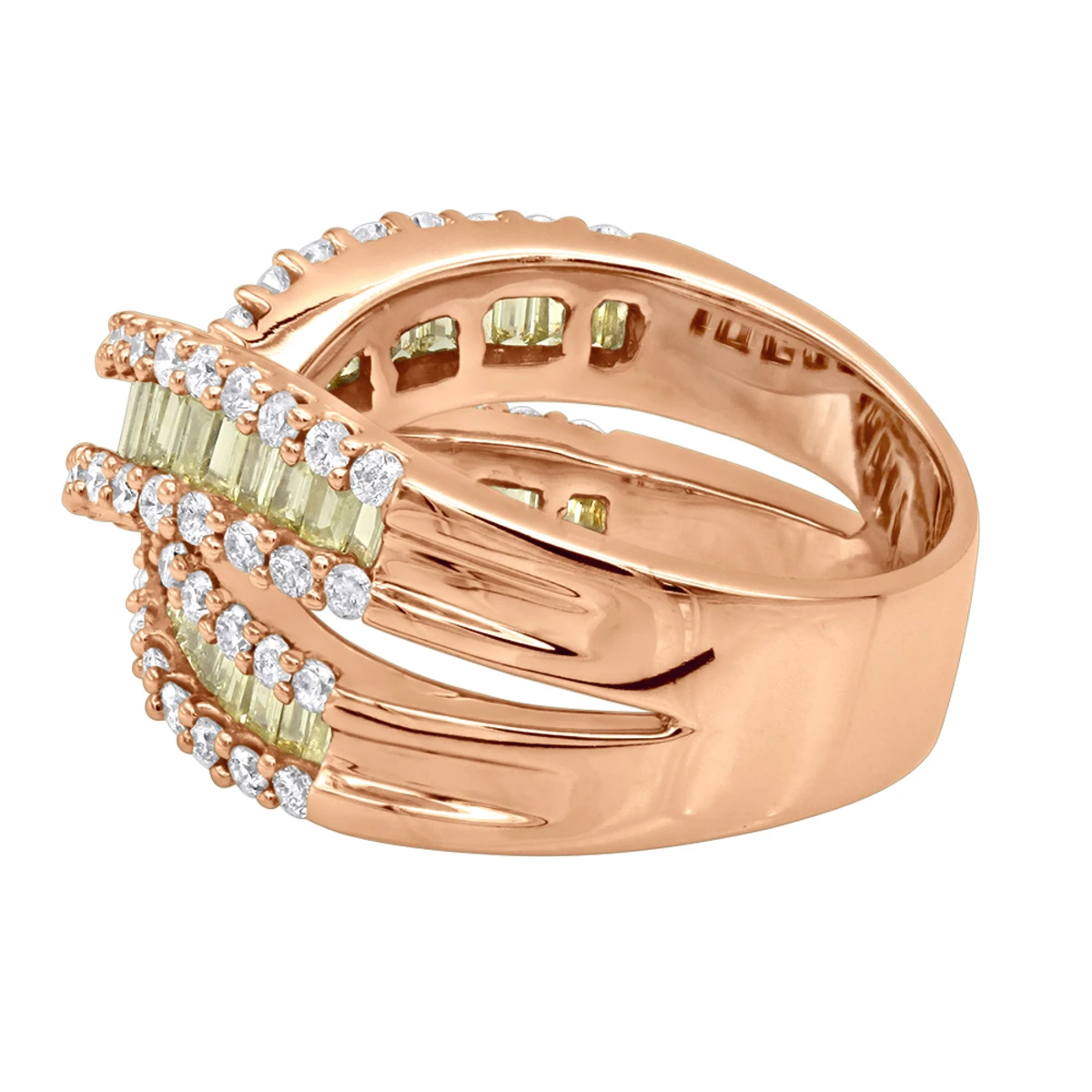 14K White Gold White Yellow Diamond Statement Criss Cross Ring For Women 2 Carats 6 14K White Gold White Yellow Diamond Statement Criss Cross Ring For Women 2 Carats - Image 6