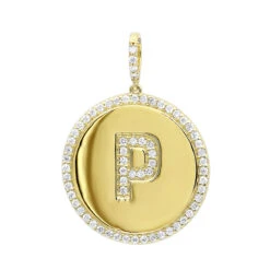 Customizable 14K Yellow Gold Diamond Circle Alphabet Pendant For Women 0.7ct Medallion