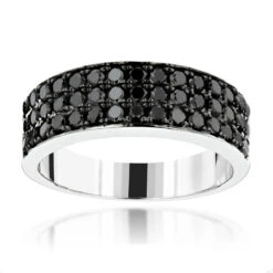 Modern Three Row Black Diamond Ring For Men 10K White Gold Wedding Band 1.4CT