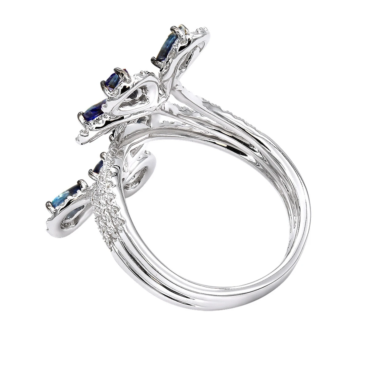 Pear Cut Sapphire And Diamond Flower Bloom Cocktail Ring For Women 14K White Gold 4 Pear Cut Sapphire And Diamond Flower Bloom Cocktail Ring For Women 14K White Gold - Image 4