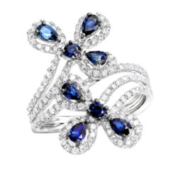 Pear Cut Sapphire And Diamond Flower Bloom Cocktail Ring For Women 14K White Gold